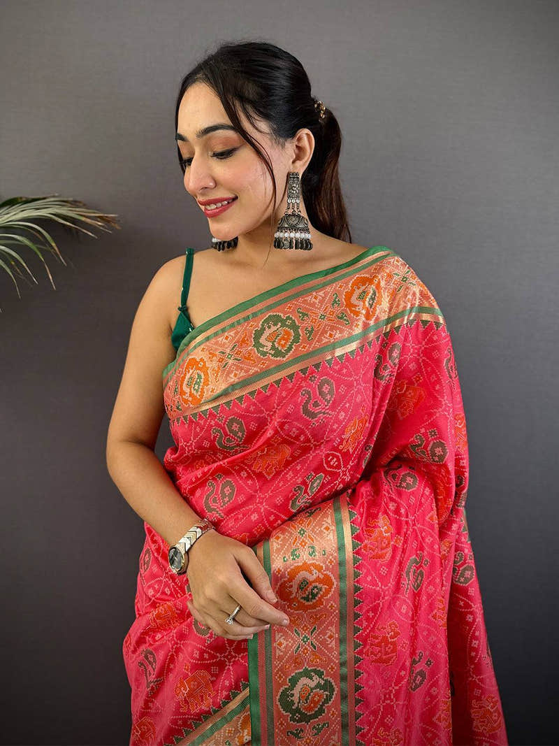 Rani Pink Soft Silk Patola Saree with Green Zari Border