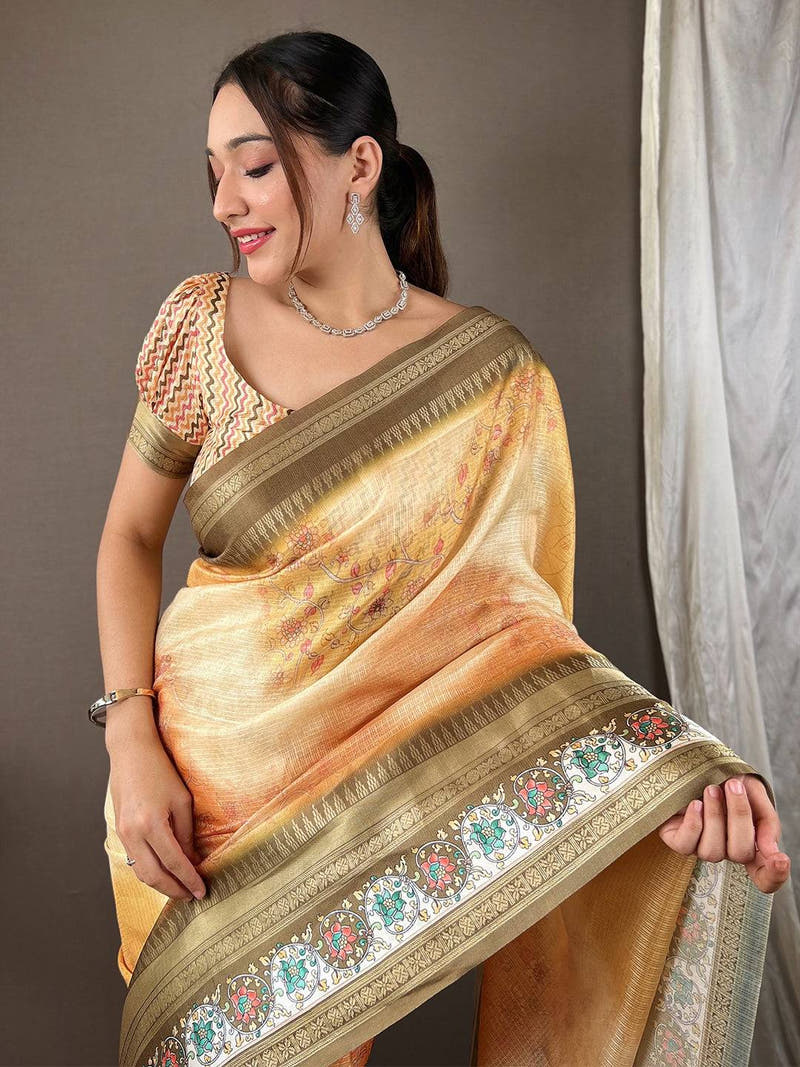 Mellow Yellow Kota Satin Border Saree

