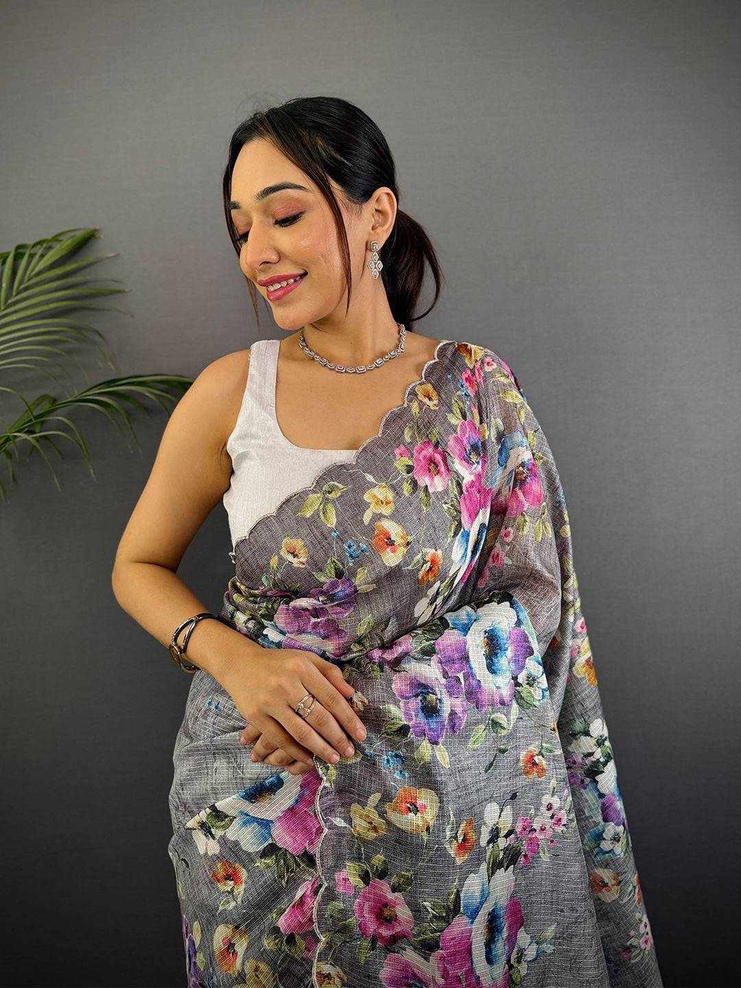 Charcoal Grey Floral Cut Work Kota Saree