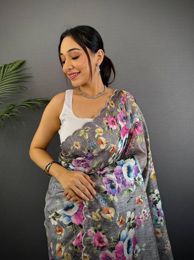 Charcoal Grey Floral Cut Work Kota Saree