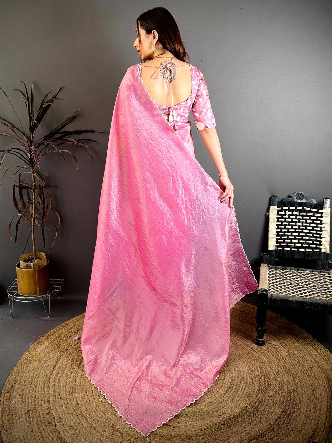 Baby Pink Bariq Cutwork Crash Silk Saree