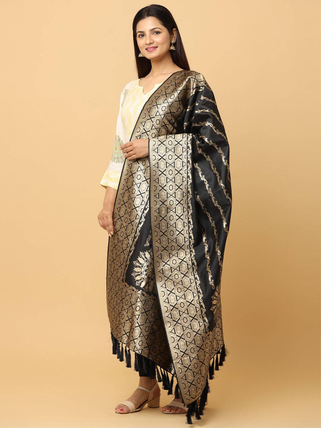 Chic silk blend black dupatta with resham tassels