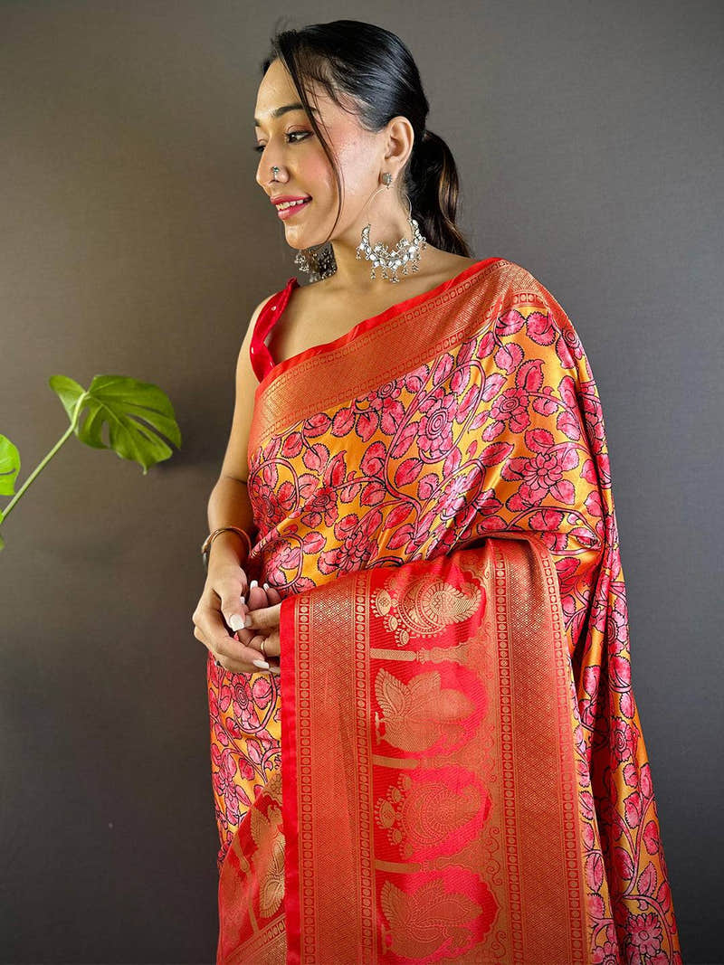 Yellow Charry Satin Floral Saree