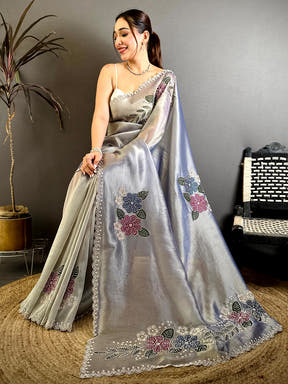 Elegant Brush Painted Floral Butta Zarkond Saree