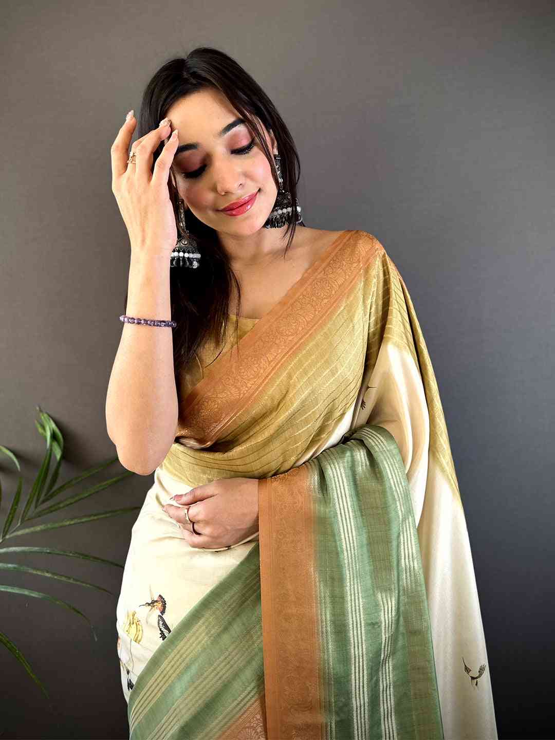 Pastel Cream Soft Crepe Silk Digital Ombre Saree