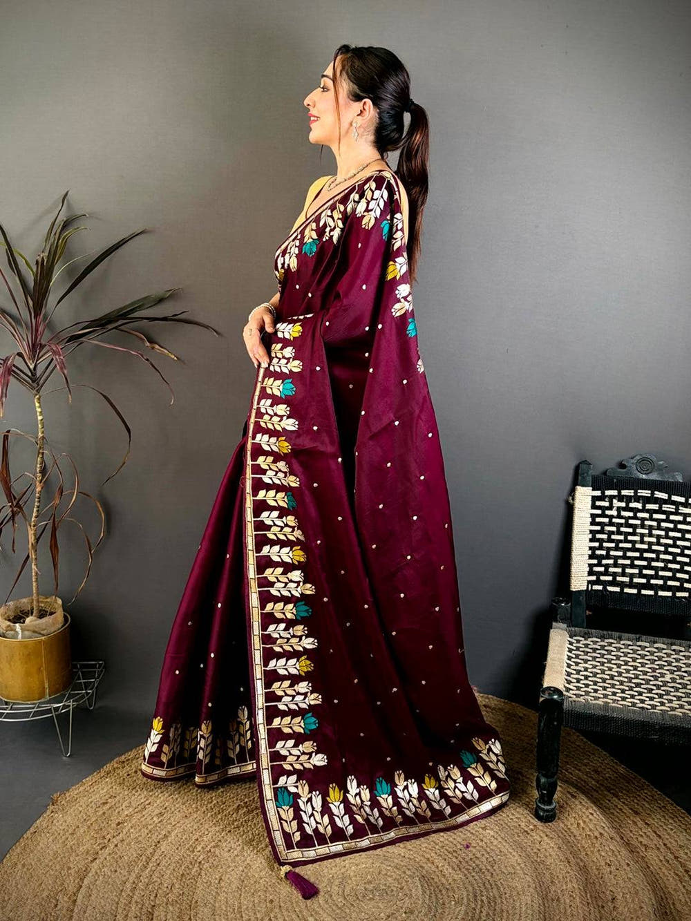 Wine Soft Satin Minakari Aari Work Saree