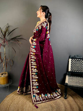 Wine Soft Satin Minakari Aari Work Saree