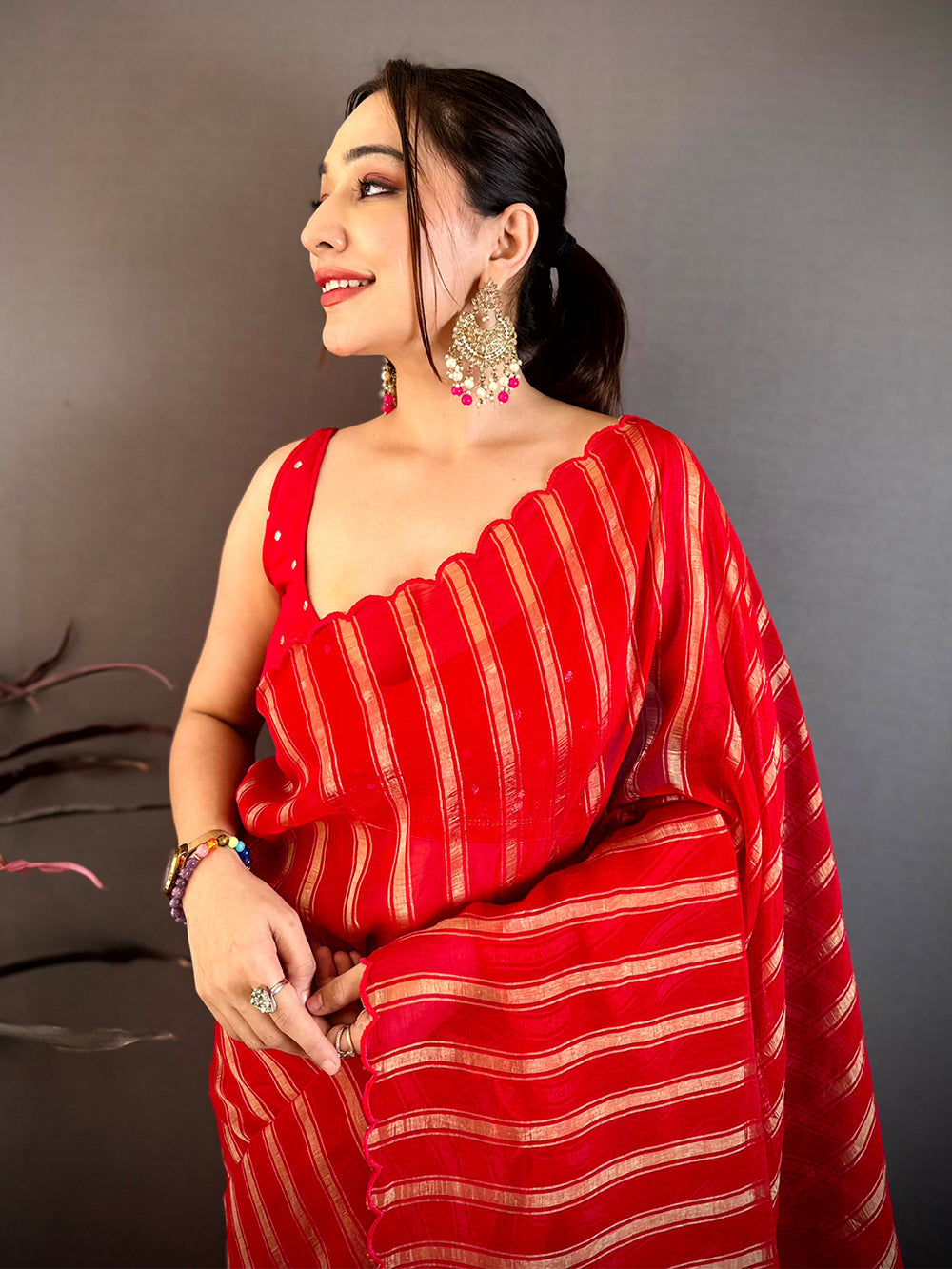 Red Gold Zari Stripe Chiffon Saree