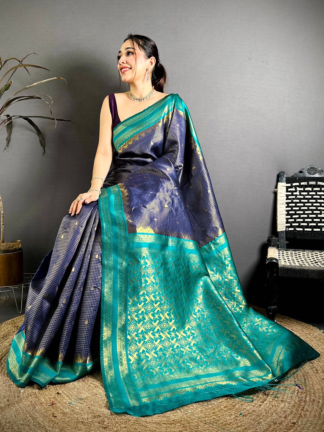 Navy Banarasi Katan Silk Gadwal Zari Saree