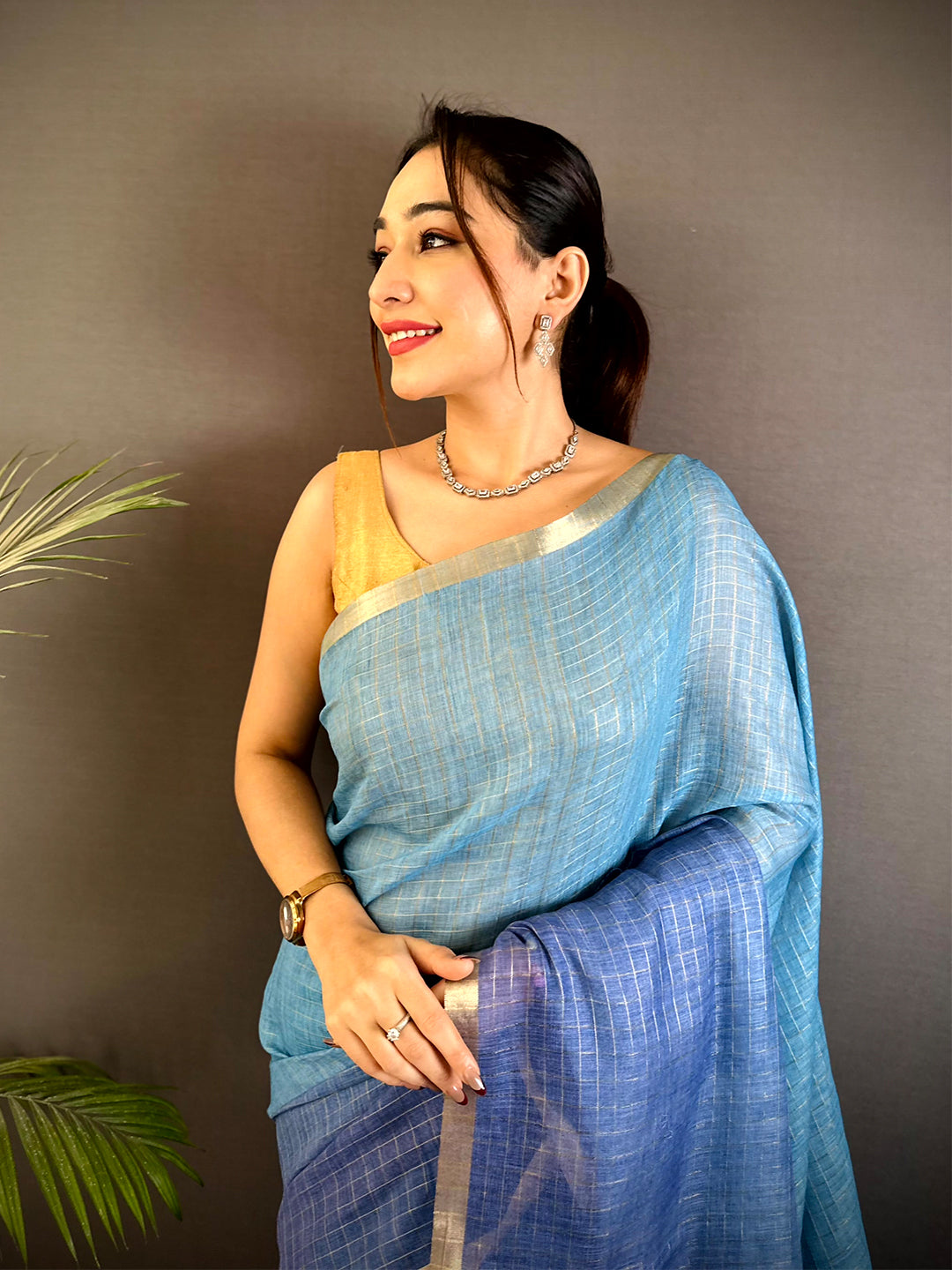 Radiant Self Chex Linen Zari Saree