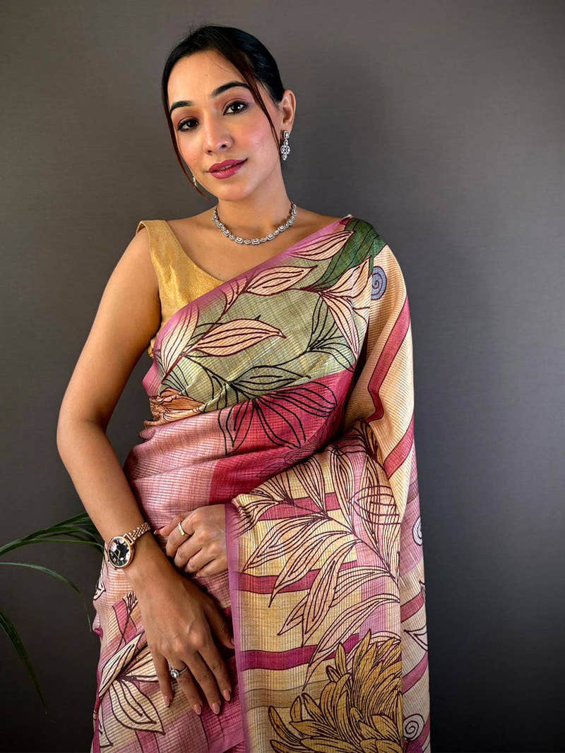 Burgundy Tussar Silk Floral Prints Saree
