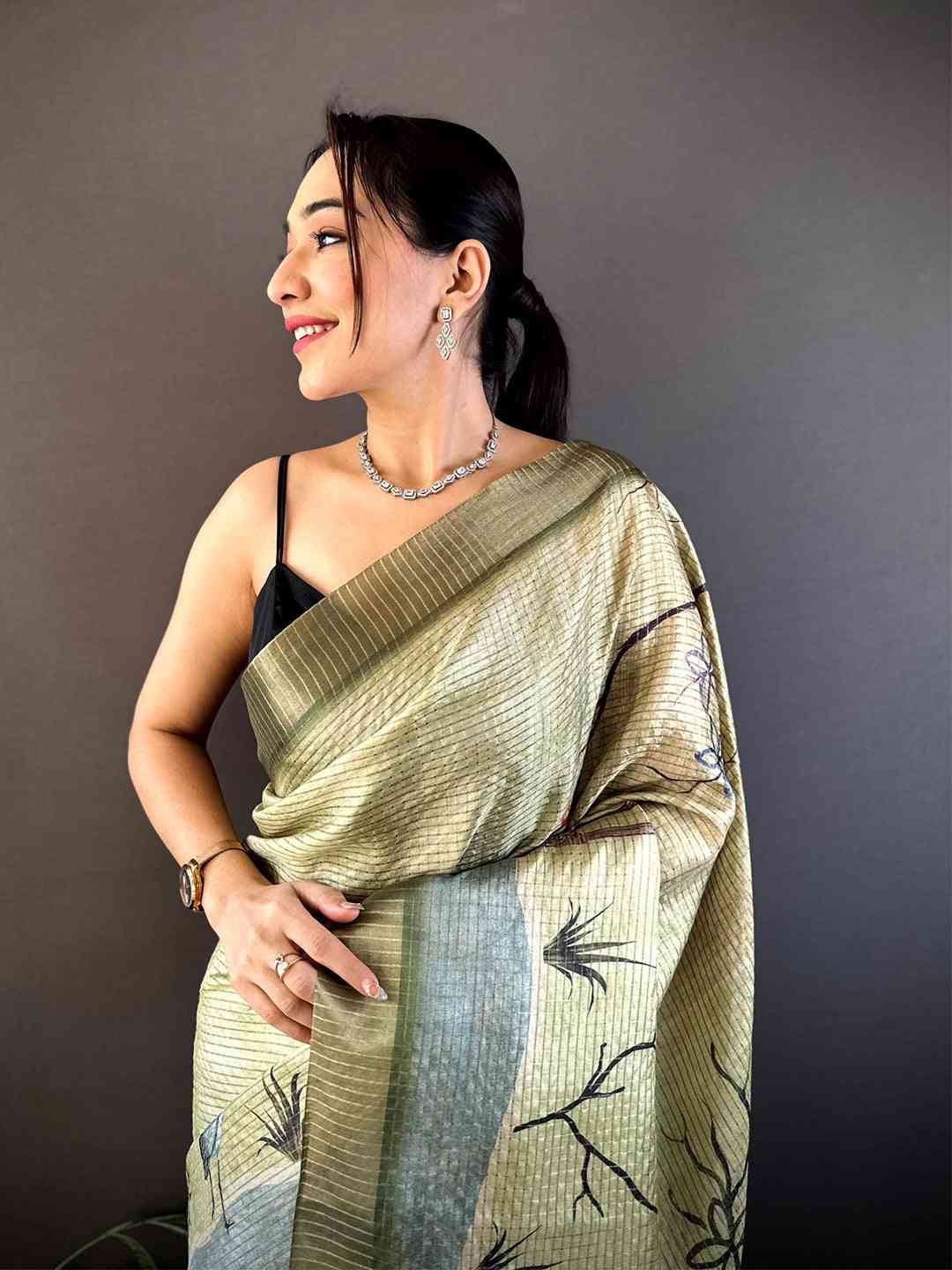 Sage Green Tissue Chanderi Japanese Print Saree