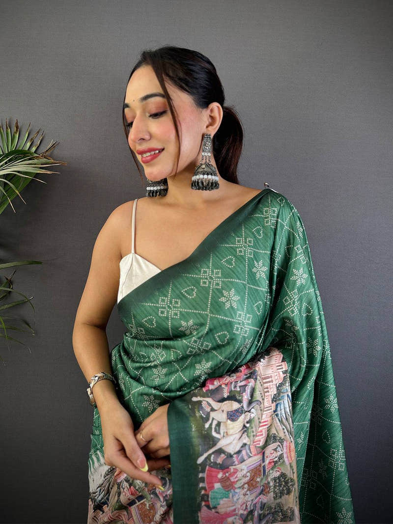 Green Kalamkari Digital Printed Saree