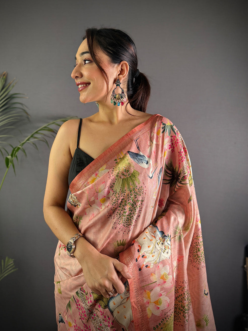 Rose Pink Pichwai Print Tussar Silk Saree