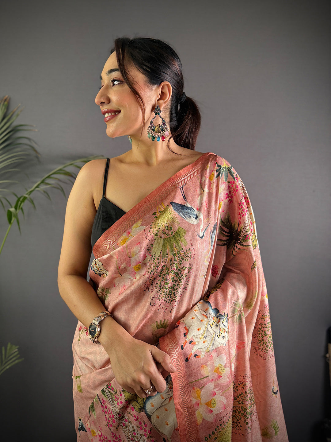 Rose Pink Pichwai Print Tussar Silk Saree