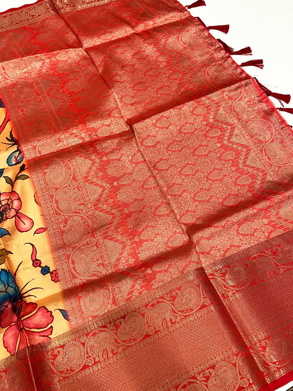 Peach Floral Printed Banarasi Saree