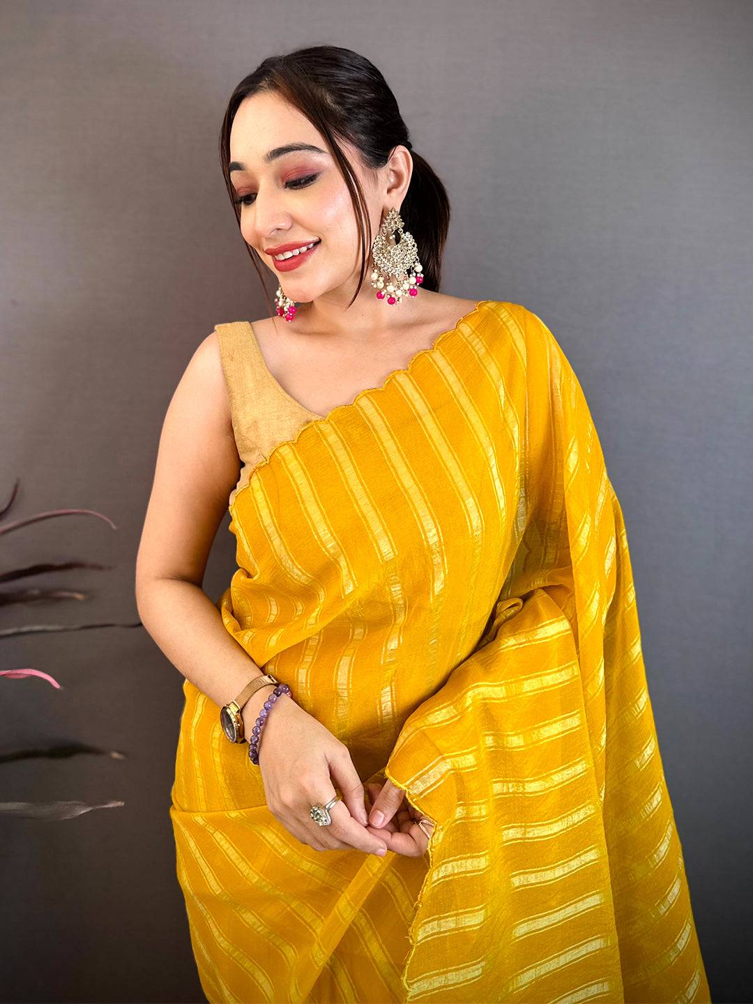 Yellow Gold Zari Stripe Chiffon Saree
