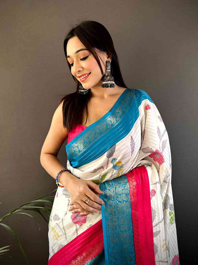 Blue Dola Silk Bird Print Saree