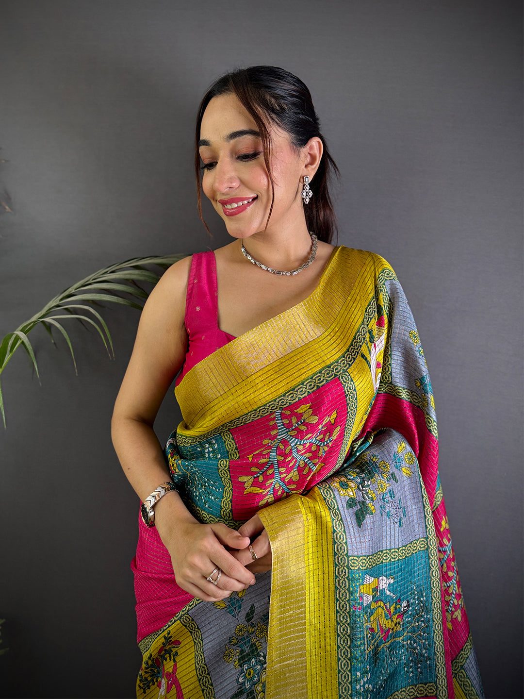 Magenta Tussar Kalalmkari Print Saree