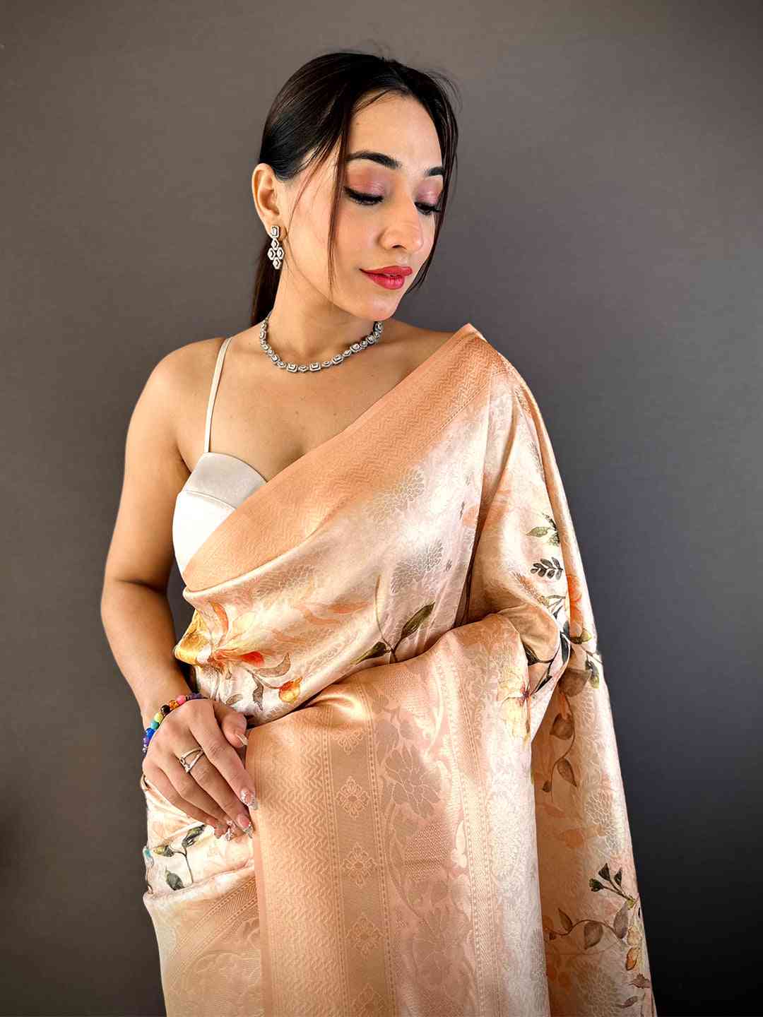 Peach Kanjivaram Digital Silk Saree