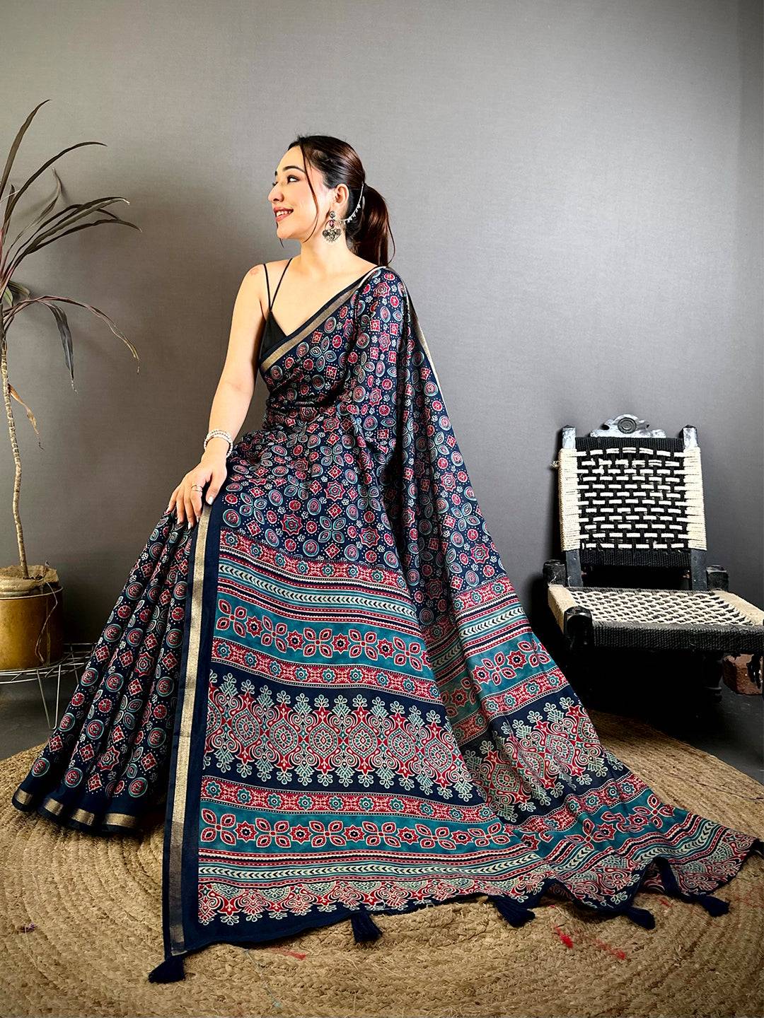 Navy Mul Cotton Ajrak Vintage Print Saree