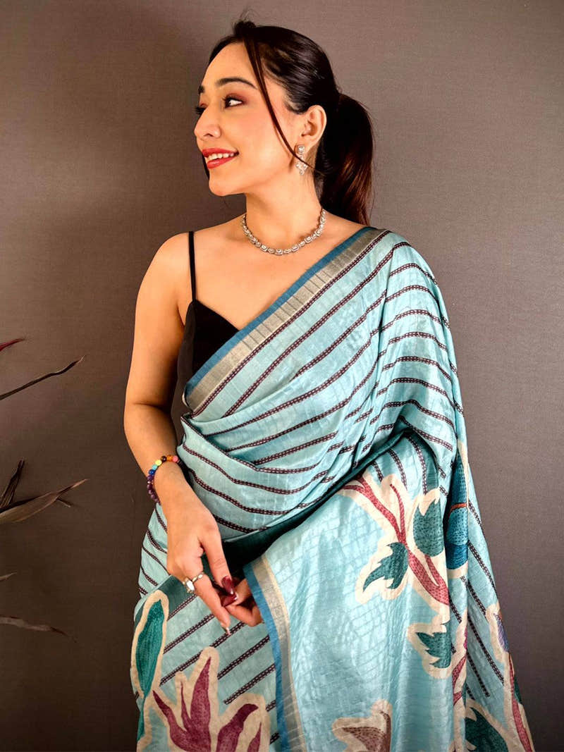 Sky Blue Tussar Ghicha Floral Bird Saree