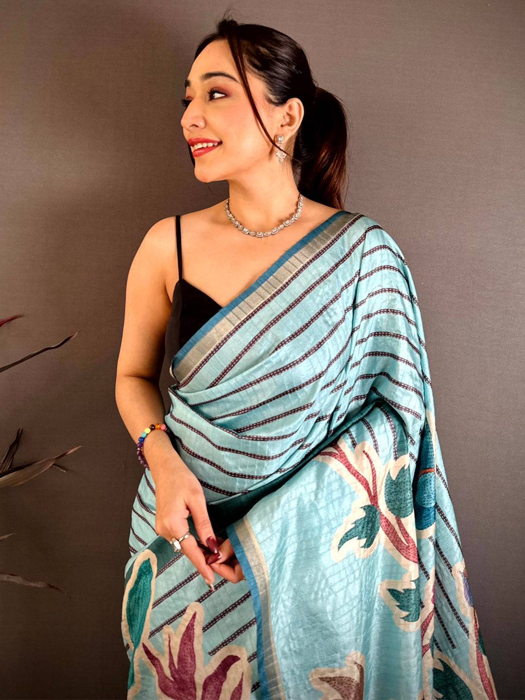 Sky Blue Tussar Ghicha Floral Bird Saree