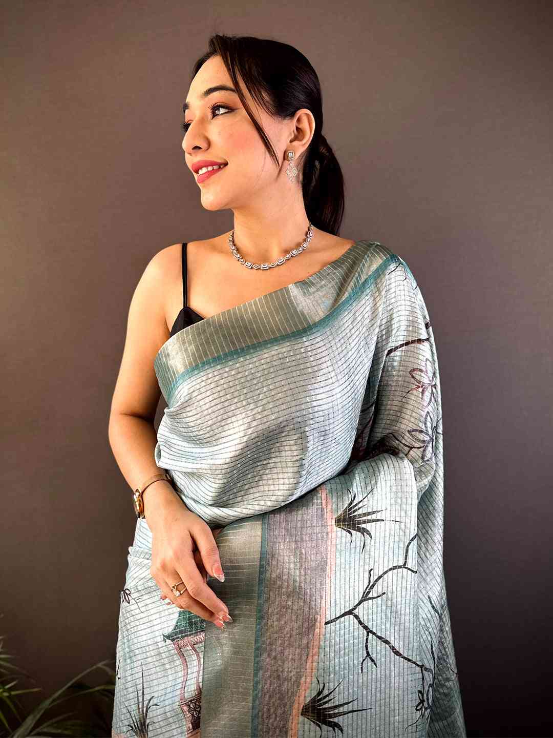 Powder Blue Tissue Chanderi Japanese Print Saree