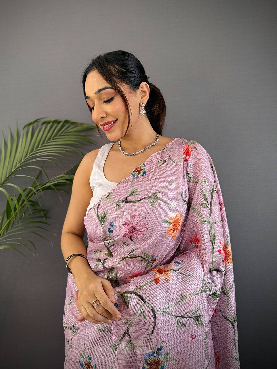 Light Lavender Soft Kota Floral Print Saree