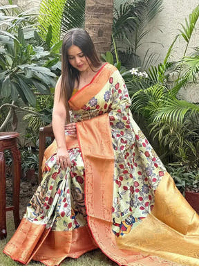 Elegant Kalamkari Saree in soft silk with vibrant print