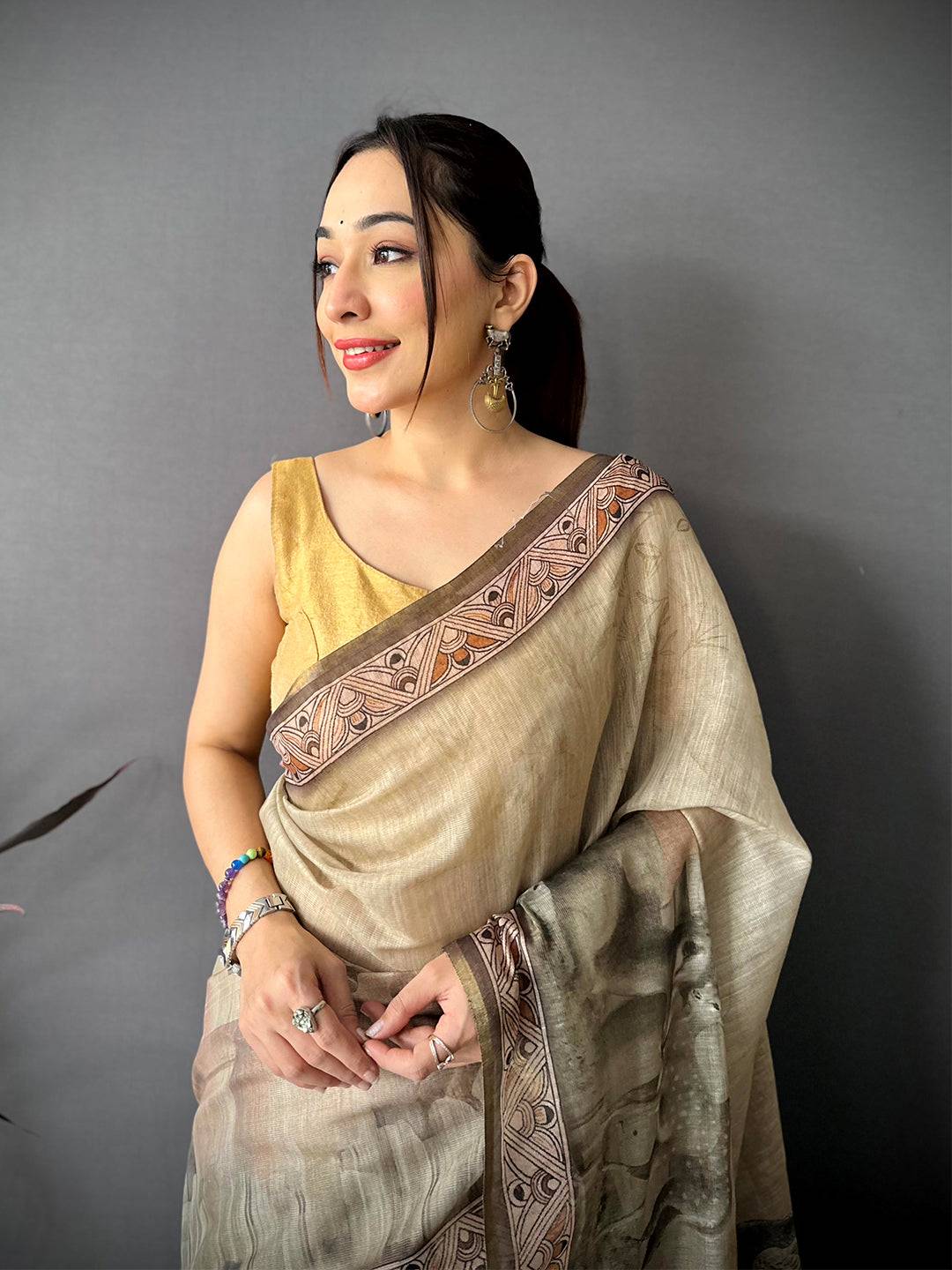 Classic Art Poster Pallu Kalamkari Linen Saree