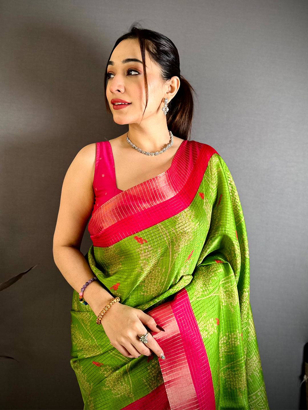 Perot Green Tussar Zari Chex Bird Motif Saree