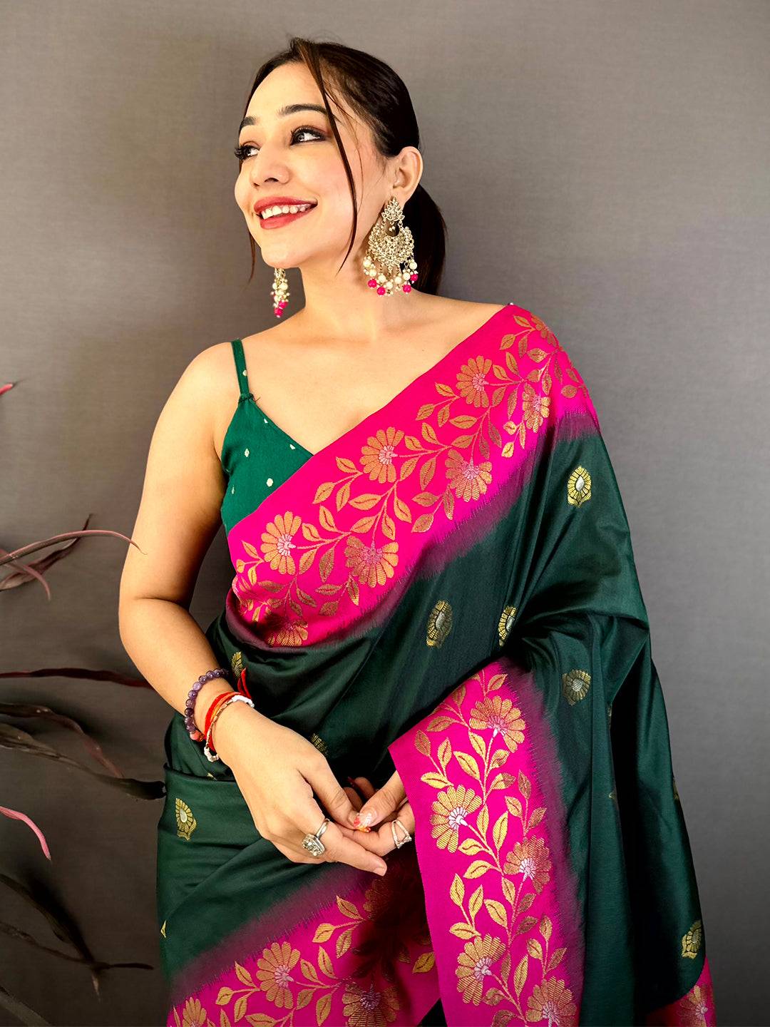 Deep Green Soft Silk Kanjivaram Saree with Pink and Gold Floral Design