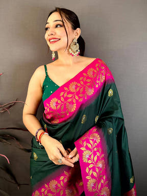 Deep Green Soft Silk Kanjivaram Saree with Pink and Gold Floral Design