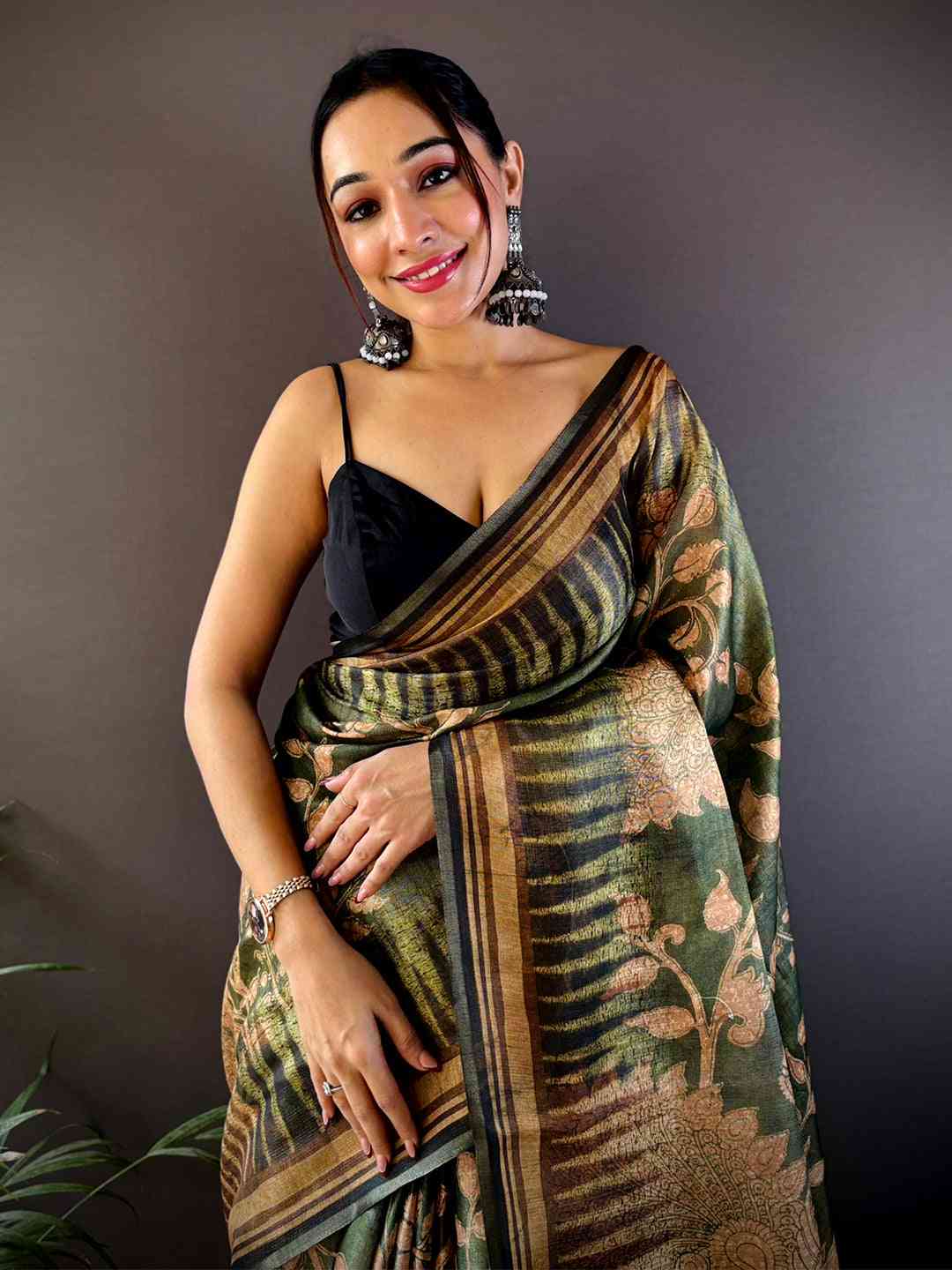 Olive Green Floral Stripes Tissue Saree