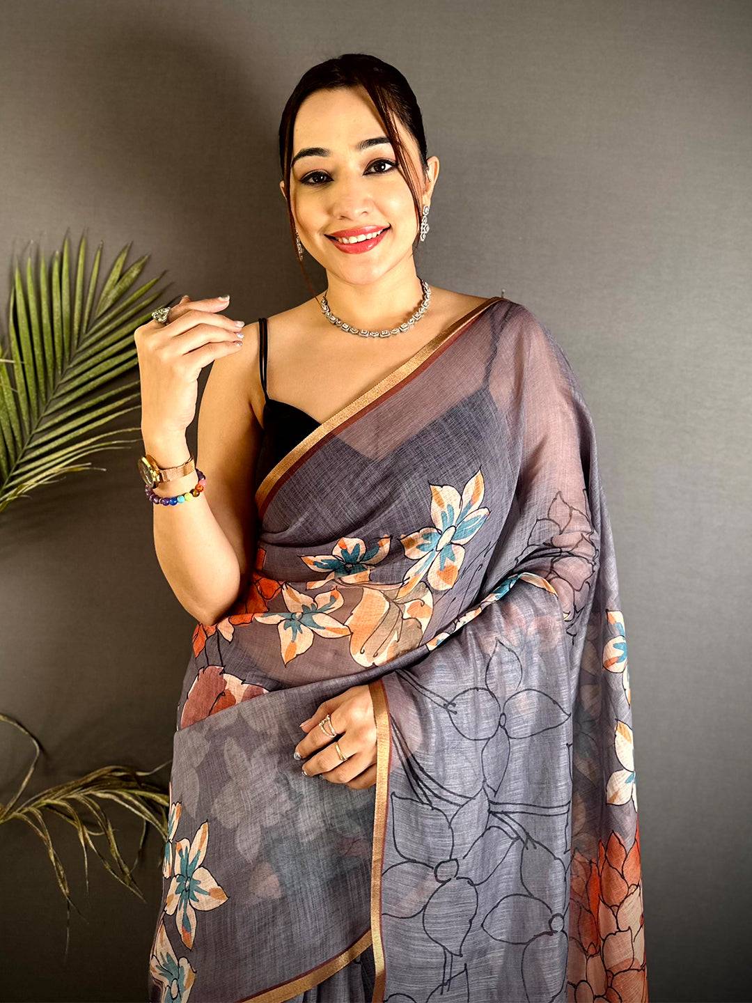 Classic Grey Floral Linen Saree