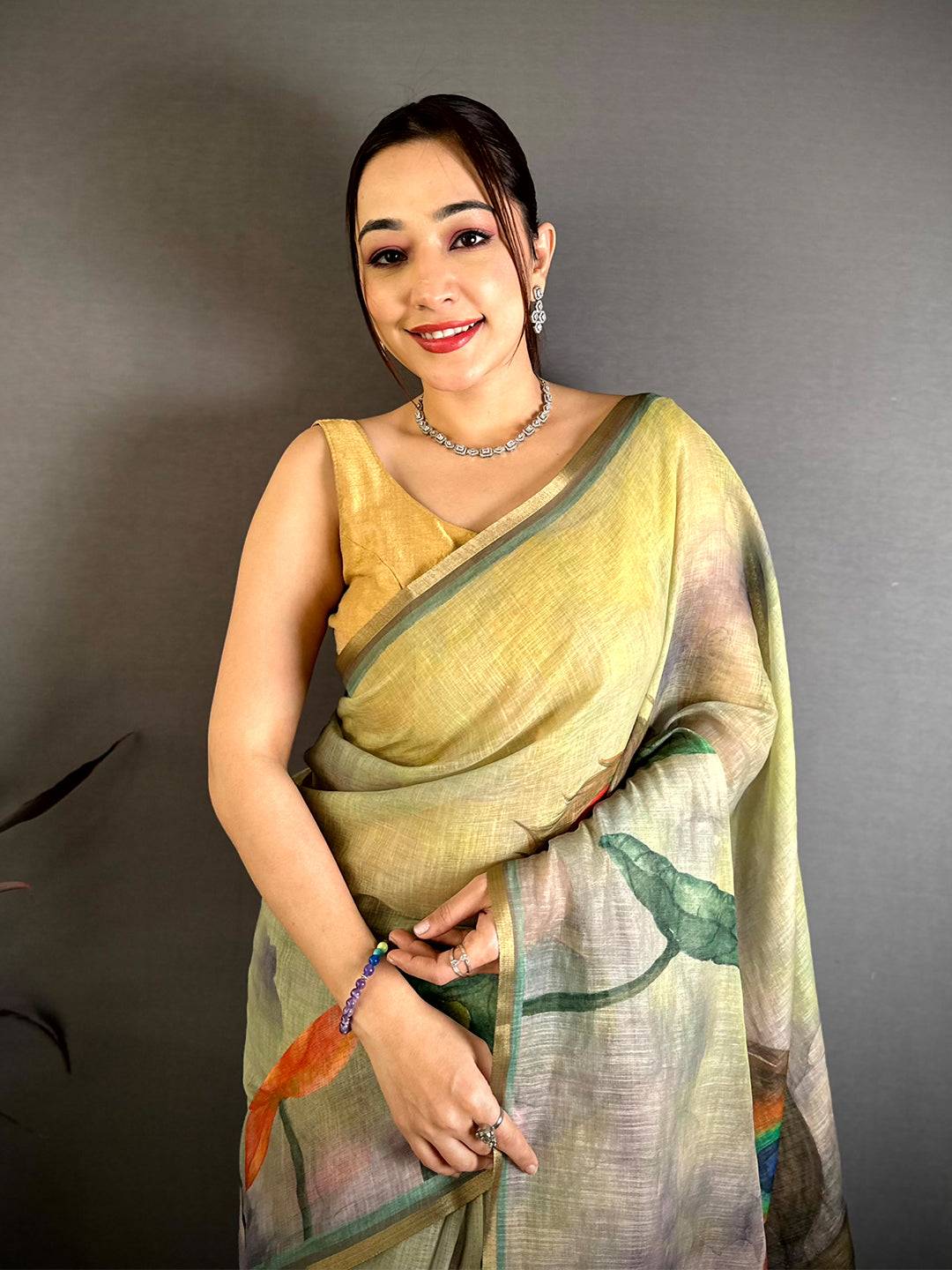Olive Pen Kalamkari Linen Saree