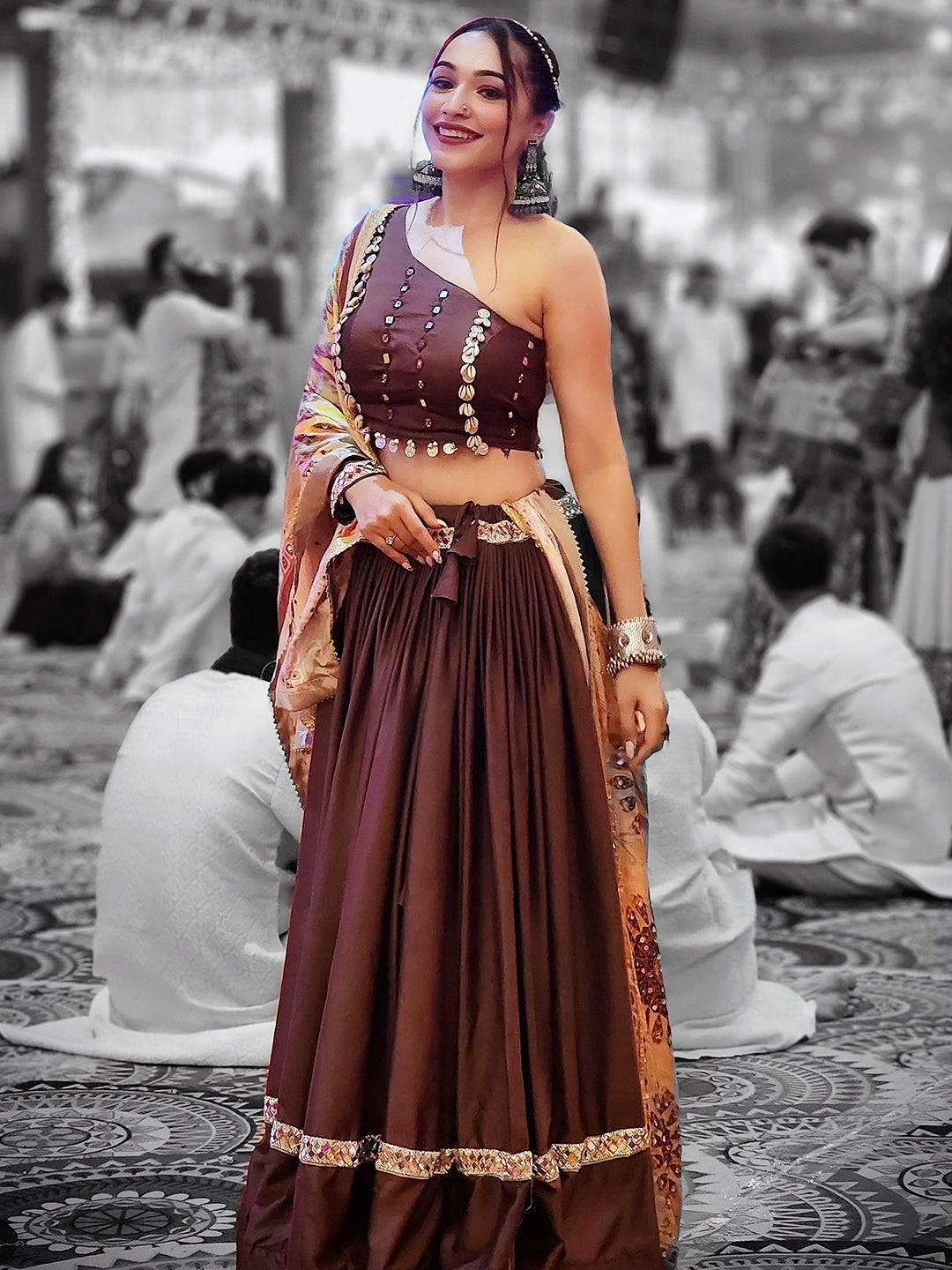 Deep Brown Mirror Work Lehenga