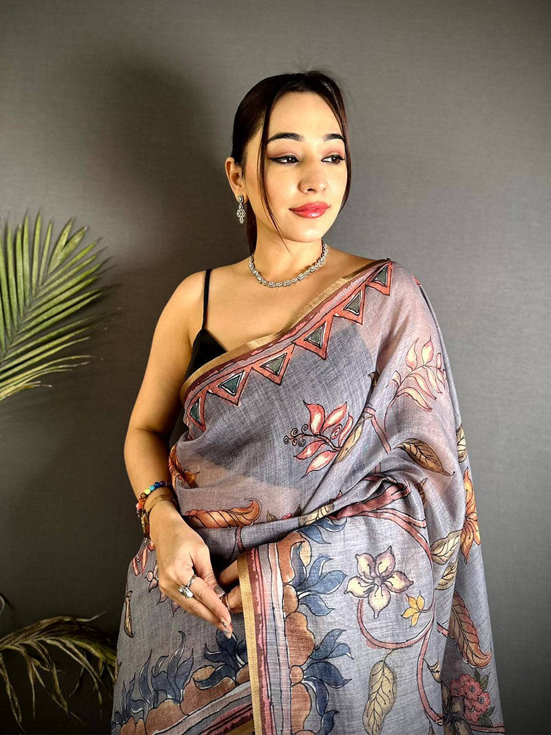 Graceful Floral Hand Art Linen Saree


