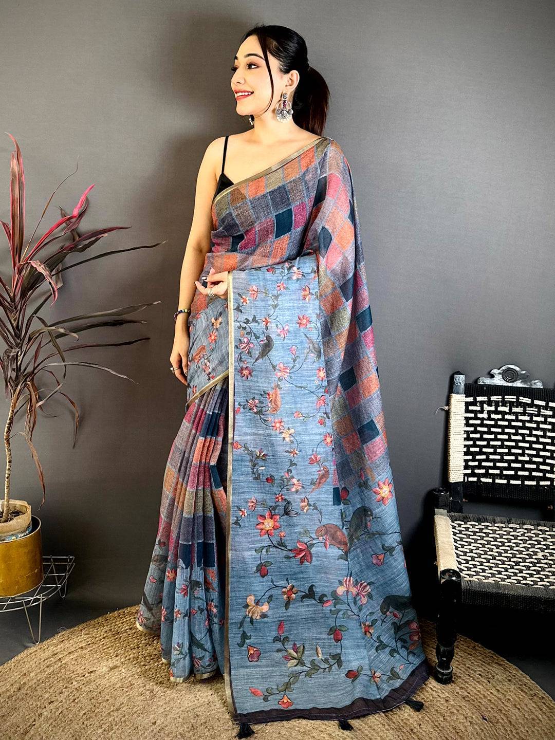 Regal Multicolor Block Print Linen Saree