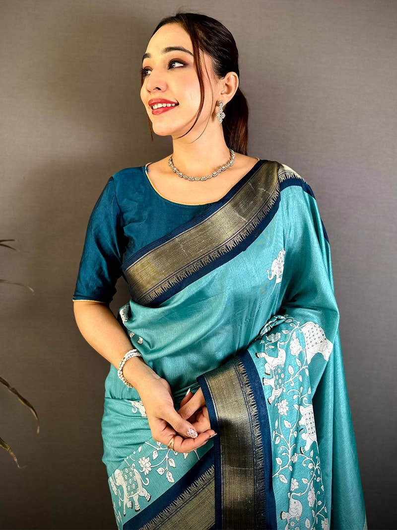 Aqua Soft Dola Block Kalamkari Zari Saree