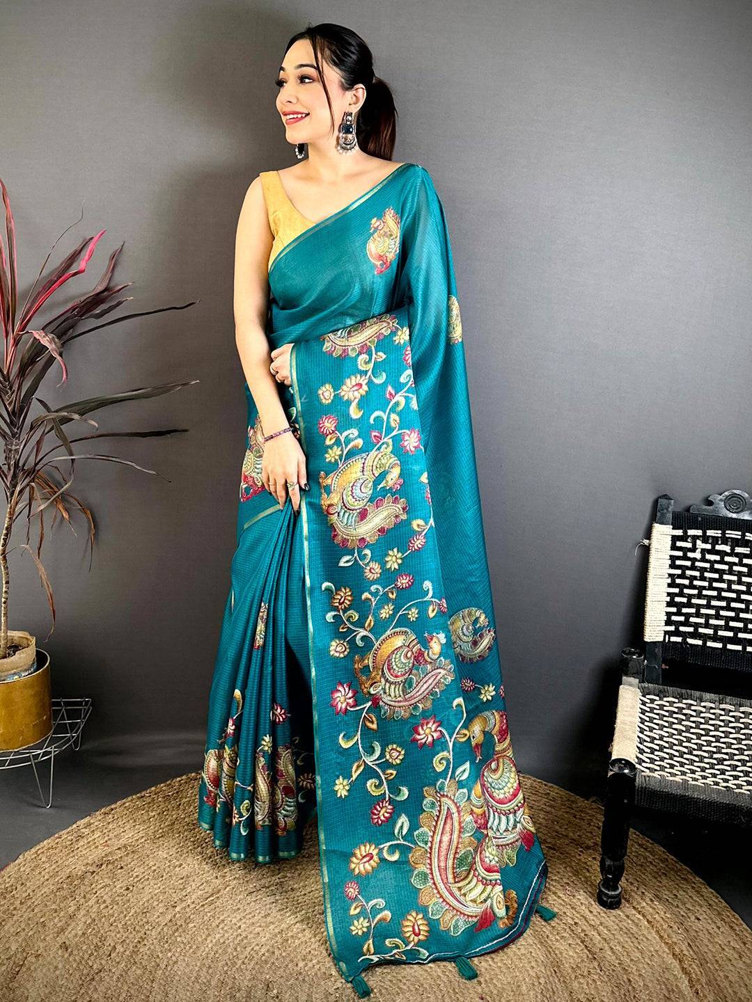 Teal Peacock Kalamkari Kota Saree