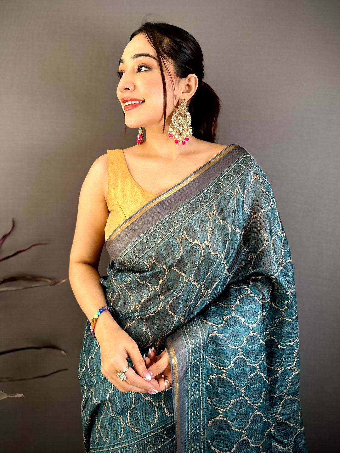 Teal Ajrakh Digital Print Kota Saree