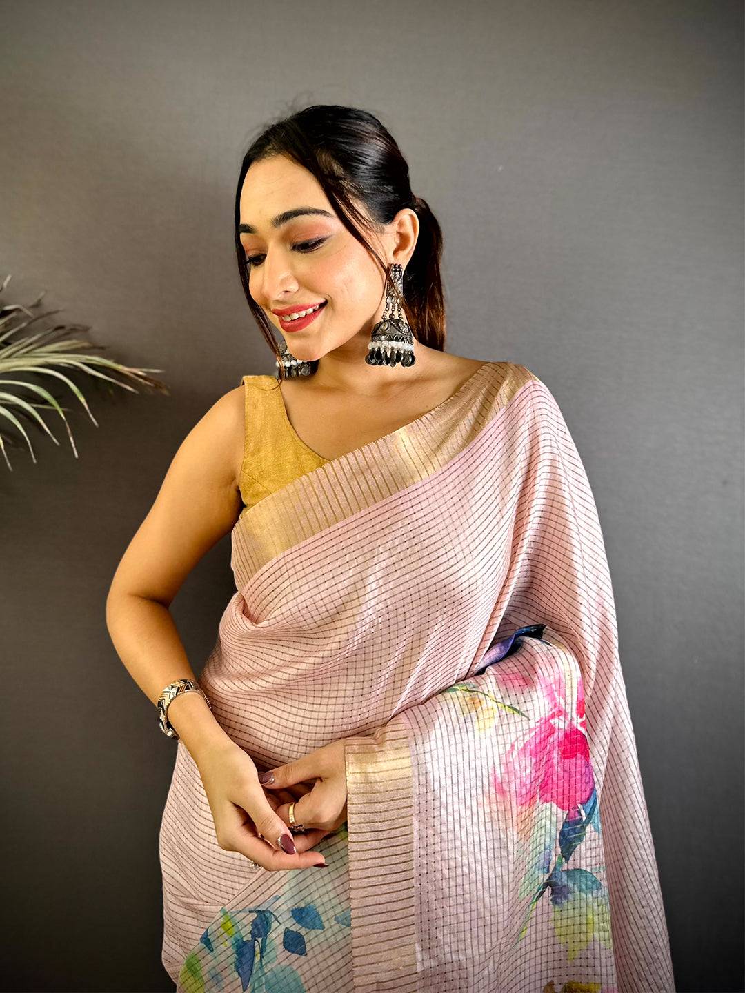 Pink Bloom Tussar Black Chex Saree