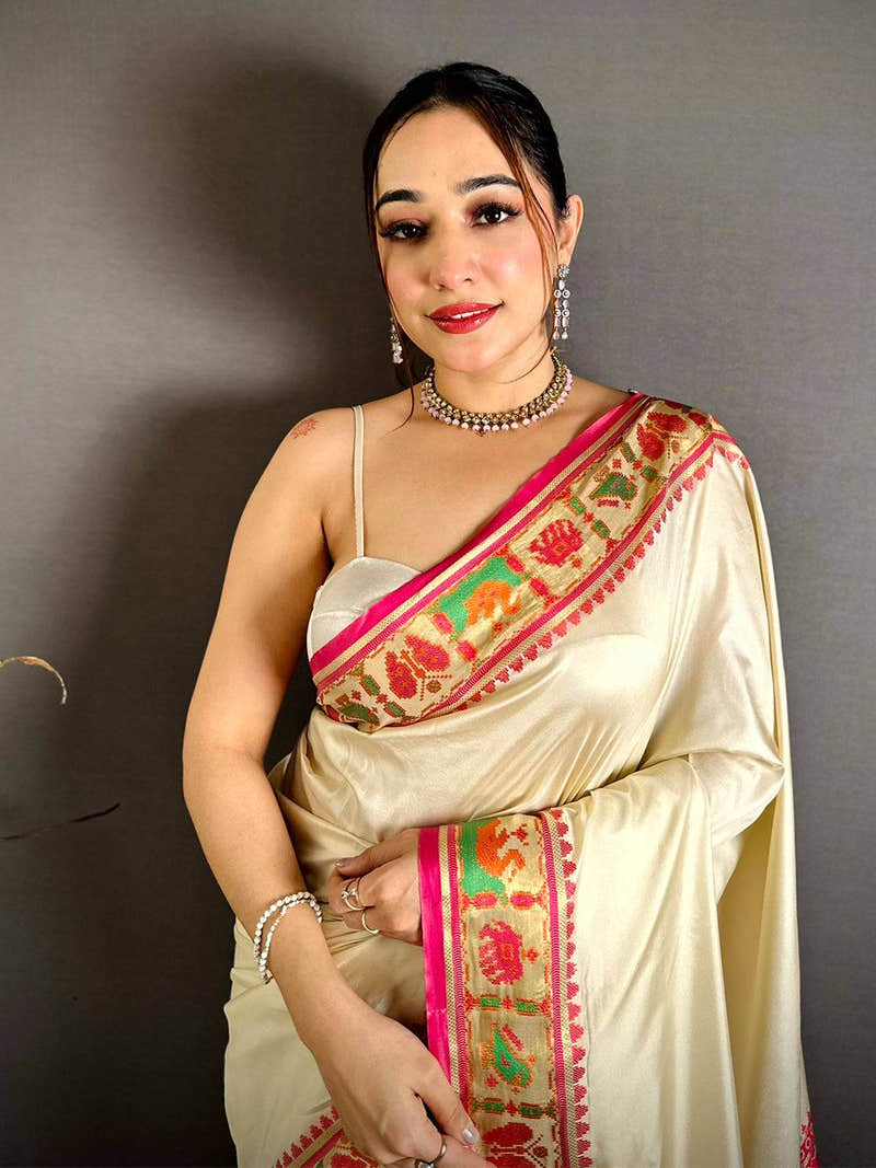 White Soft Silk Pochampally Ikkat Minakari Saree