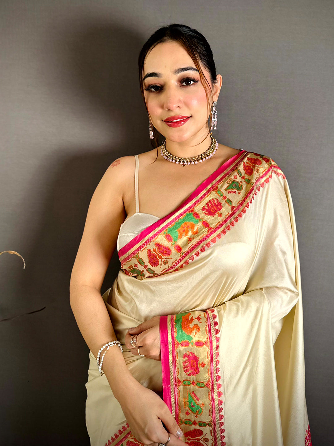 White Soft Silk Pochampally Ikkat Minakari Saree