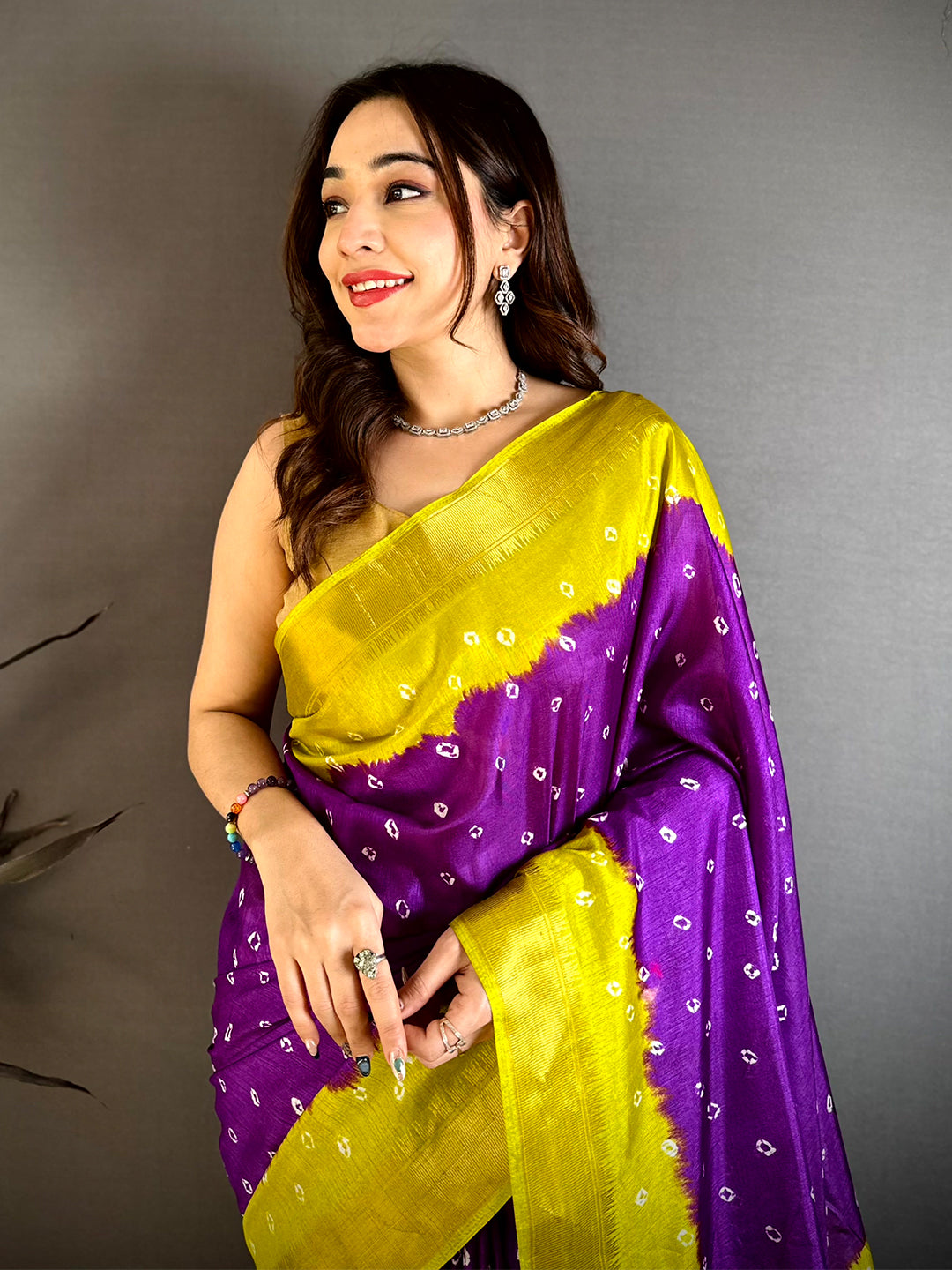 Purple Bandhej Printed Dola Silk Saree