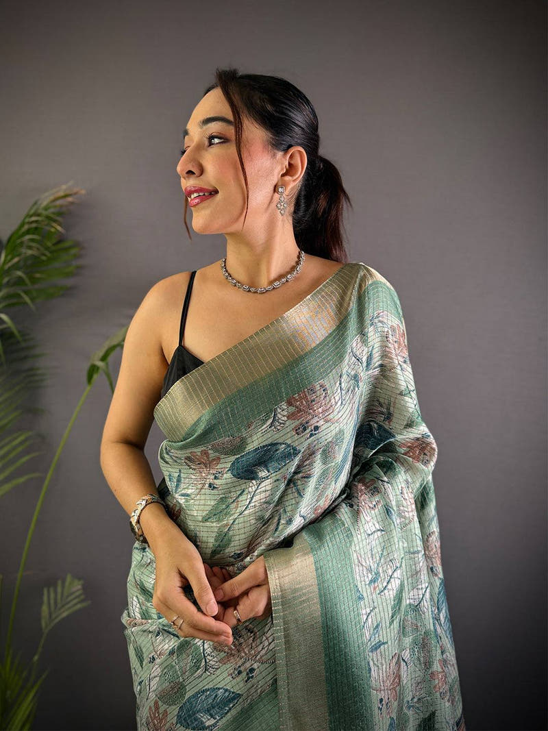 Green Tussar Chex Floral Print Saree

