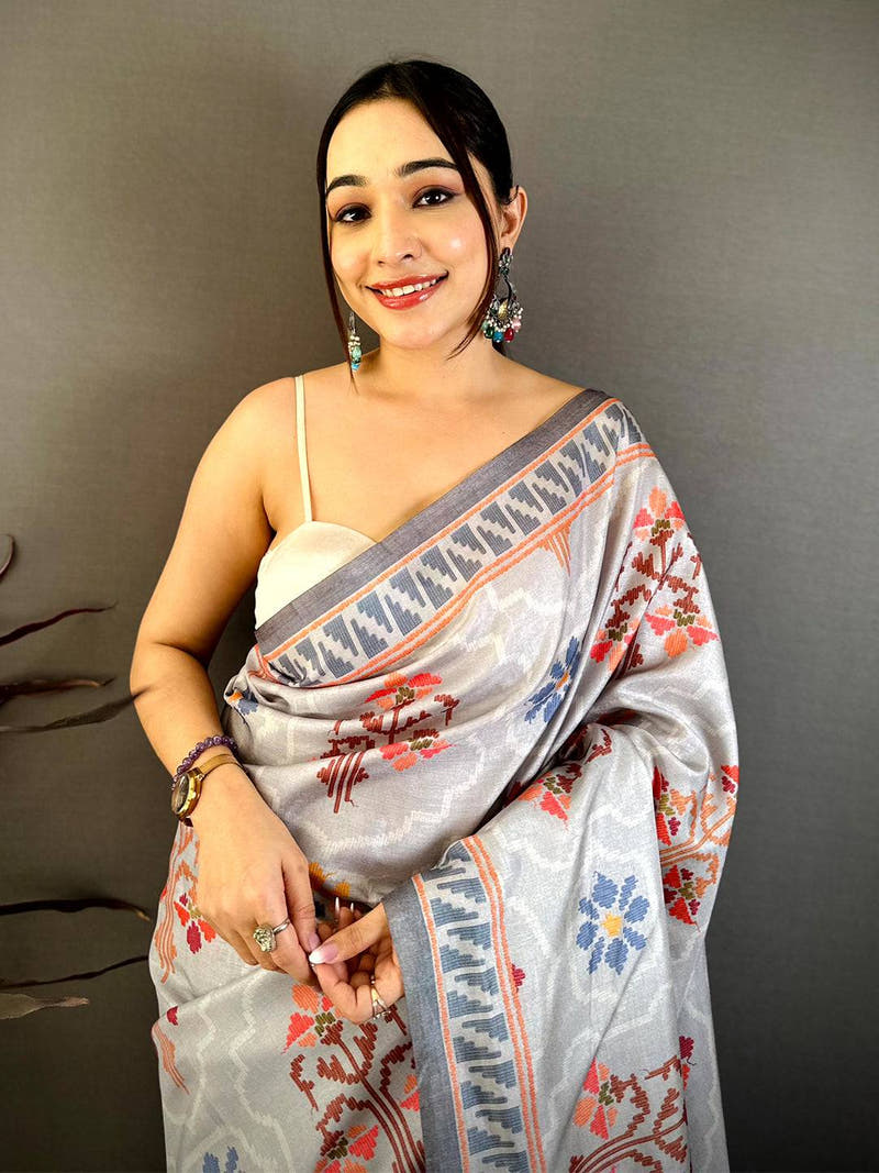 Grey Tussar Floral Digital Art Saree