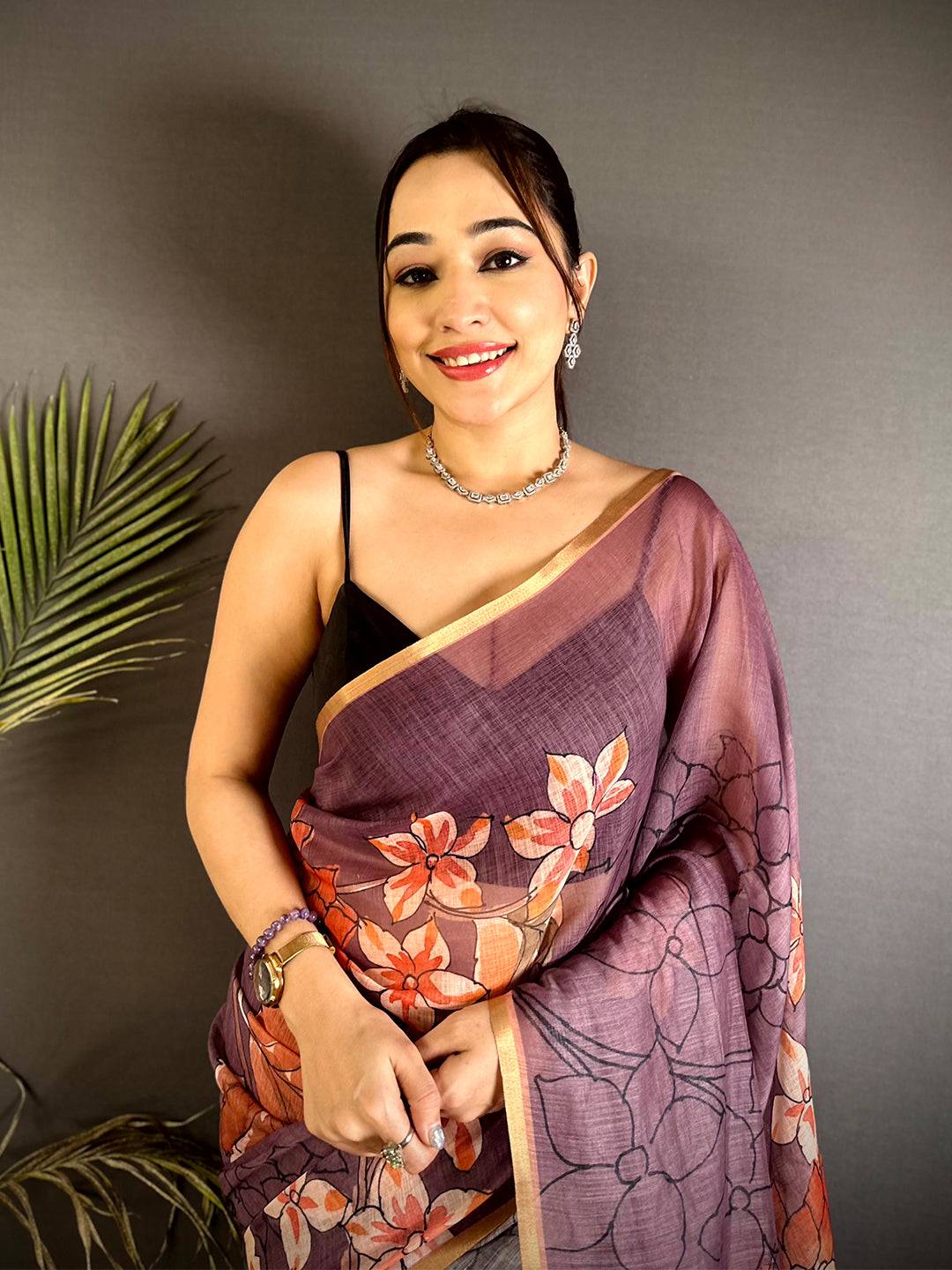 Classic Purple Floral Linen Saree
